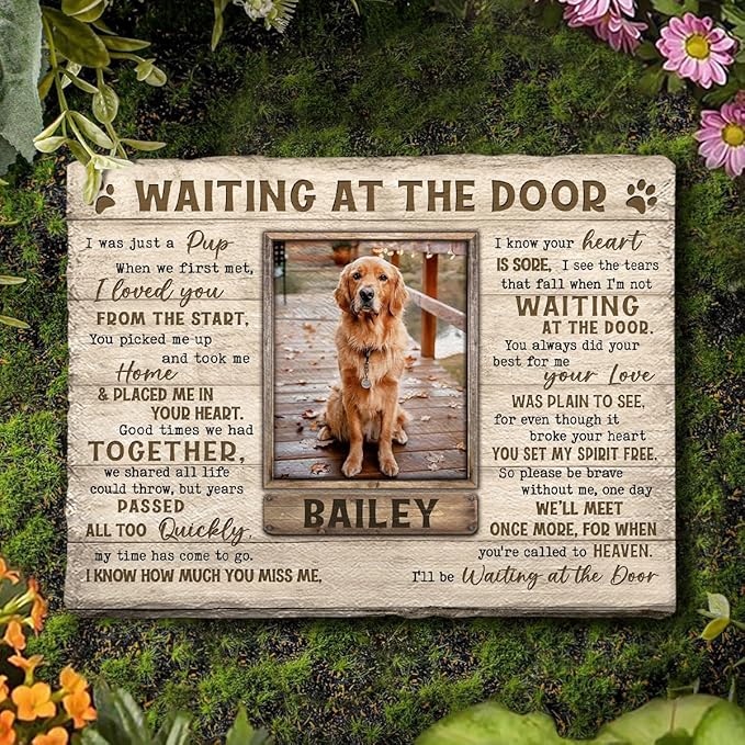 Dog Memorial Stone - Wait at The Door Personalized Stones in Memory of Beloved Dogs, Pets - Remembrance Dog Memorial Plaque with Custom Photo & Name - Bereavement Gift
