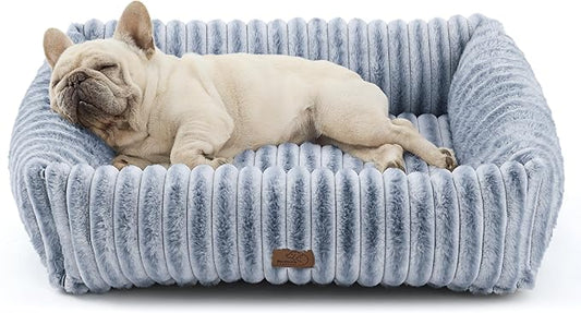 Bedsure ComfyFleece™ Cute Dog Bed Medium Size Dog - Washable Furry Puppy Beds, Rectangle Orthopedic Corduroy Fleece Pet Beds with Removable Zipper Cover, 30x24x8inches,Vintage Indigo