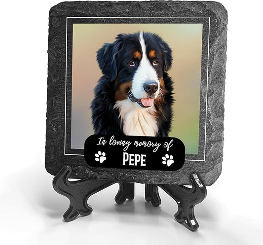 Personalized Individual Square Memorial Plaque + Stand for Pet Cat Dog Slate Stone Frame Paw Grave Marker - Size 3.94" x 3.94" or 100 x 100 mm - Image Frame