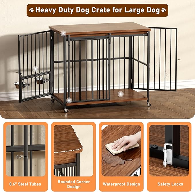 Dog Crate Furniture, 42’’ Wooden Dog Kennel Indoor with Sliding Front Door, Multi-Side Openings & Feeding Window Pet Cage House as TV Stand