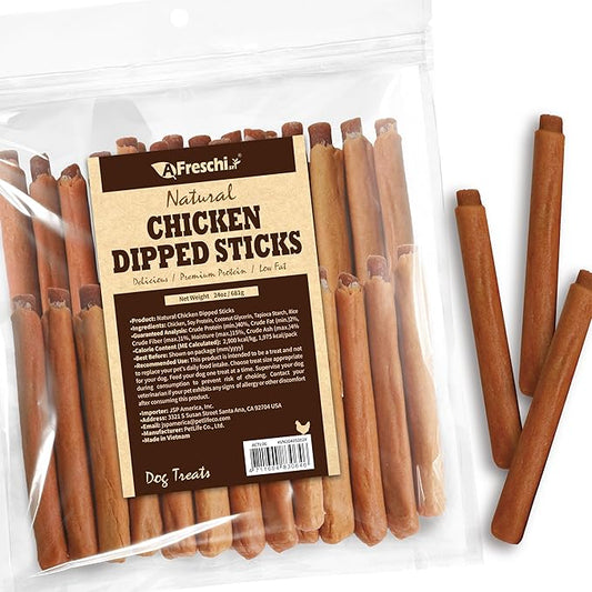 A Freschi srl Chicken Dog Treats, All Natural, Healthy & Easily Digestible, Low-Fat Puppy Chews, Human Grade Training & Rewards Dog Snacks, Dipped Sticks, 24 oz Pack