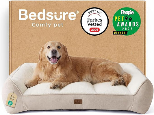 Bedsure SupportMax™ XL Plus Orthopedic Dog Beds Large Sized Dog - As Seen on TV Extra Thick Supportive Dogs Couch with Waterproof Washable Cover, Jumbo Comfort Pet Sofa with Soft Sherpa, Beige, 48"