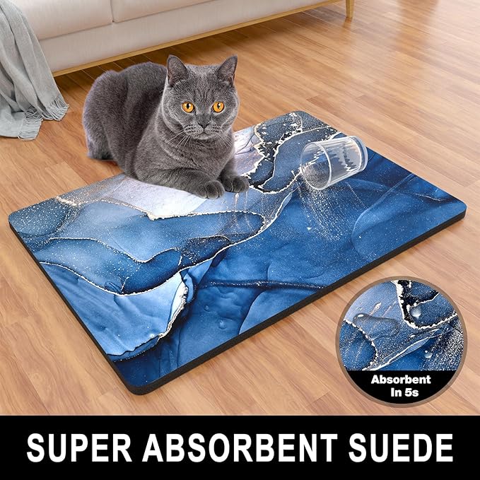 Dog Food Mat, 16" x 24" Marble Absorbent Dog Cat Bowl Mat for Food and Water, Cute Anti-Slip Rubber Pet Feeding Rug Protect Floors, Placemat for Feeding & Watering Supplies, Navy
