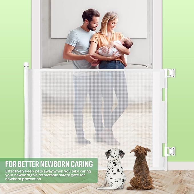 Retractable Baby Gate, Extra Wide Safety Kids or Pets Gate, 33” Tall, Extends to 71” Wide, Mesh Safety Dog Gate for Stairs, Indoor, Outdoor, Doorways, Hallways