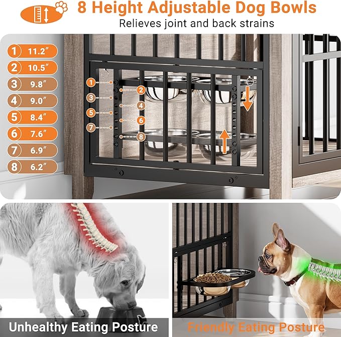 31.5" Dog Crate Furniture, Wooden Dog Kennel Indoor with 360° Rotating Feeder and 2 Adjustable Bowls, Decorative Side End Table Dog Cage for Medium and Small Dogs, Grey