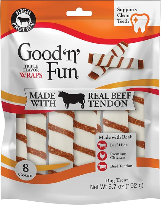 GOOD 'N' FUN Triple Flavor Wraps with Beef Tendon Chews, High-Protein Dog Treat for All Adult Dogs, Made with Real Beef Hide, Chicken & Beef Tendon, 8 Count