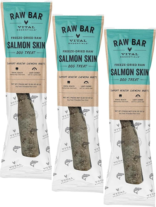 Vital Essentials Freeze-Dried Raw Salmon Skin Dog Treat & Natural Chew, 3-Pack | Single Ingredient Dog Treat for Light Chewers | Made in USA
