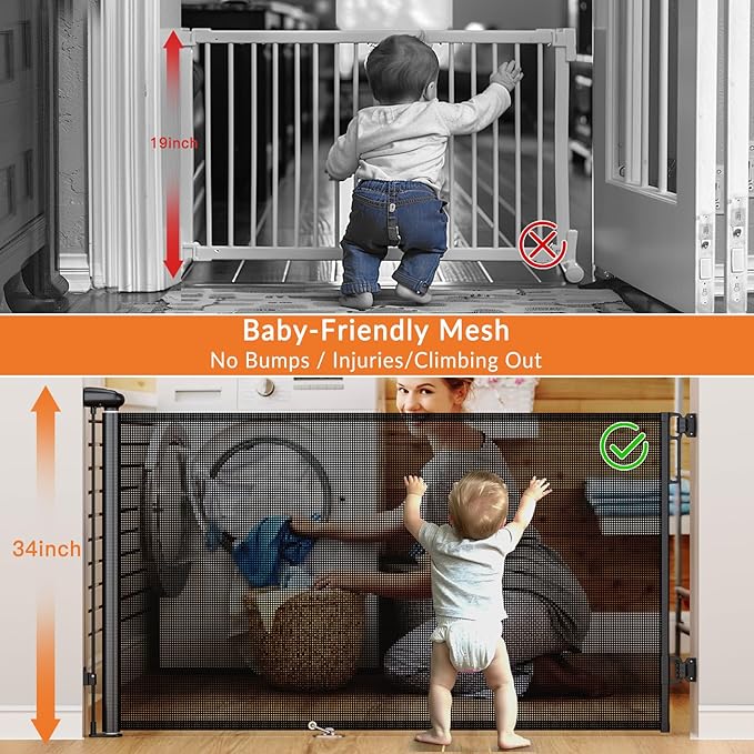 Uamector Retractable Baby & Dog Gate, Adjustable Mesh Safety Gate Extends to 72" Wide 34" Tall for Stairs Doorways, Indoor Outdoor Use