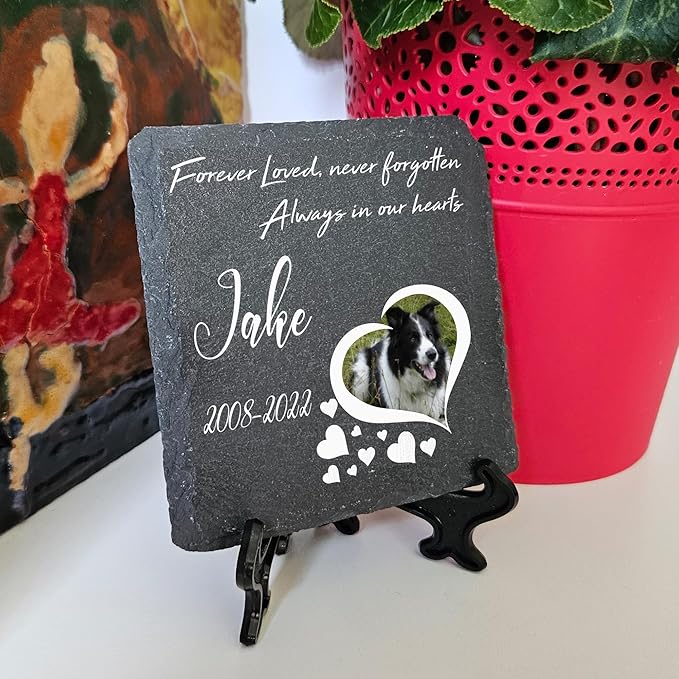 Personalized Individual Square Memorial Plaque + Stand for Pet Cat Dog Slate Stone Frame Paw Grave Marker - Size 3.94" x 3.94" or 100 x 100 mm - Heart Photo