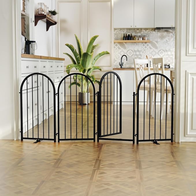 Full Metal Dog Gate with Door for Indoor Outdoor, 32" Tall Free Standing Pet Dog Fence, 72" Extra Wide Pet Gates for Stairs, Hallways, Doorways, Kitchen, Decks, Yards (Black, 4 Panels)