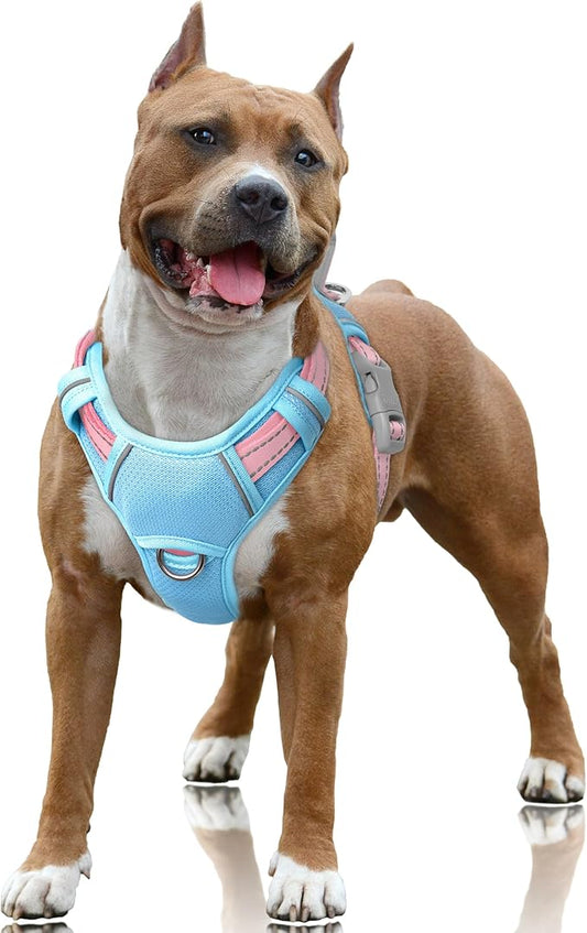 BARKBAY No Pull Dog Harness Large Reflective Dog Harness with Front Clip and Easy Control Handle for Walking Training Running with ID tag Pocket(Baby Blue & Baby Pink,L)