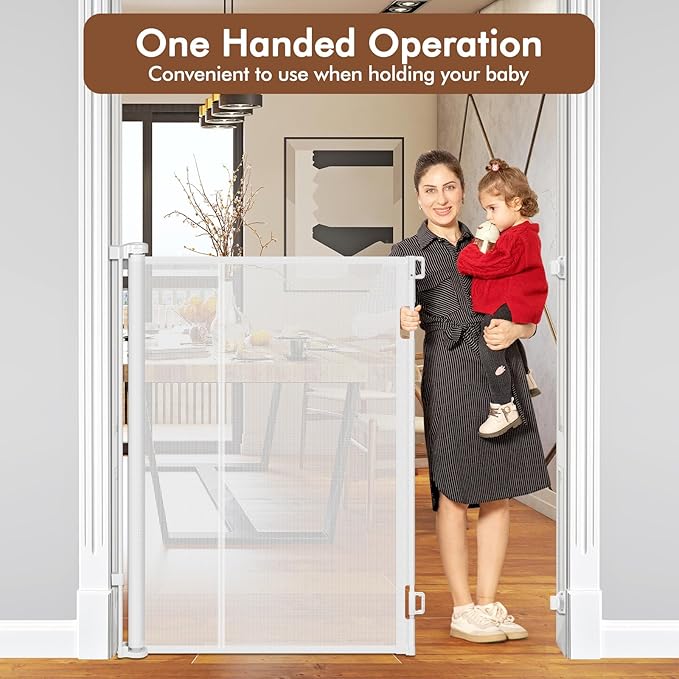 Reinforced 48" Extra Tall Baby Gate with Support Rods, 4 Ft Tall Retractable Gate for Dogs 55" Wide Pet Gates for Doorways Mesh Cat Gate - Prevent Baby/Pet from Jumping Over, White