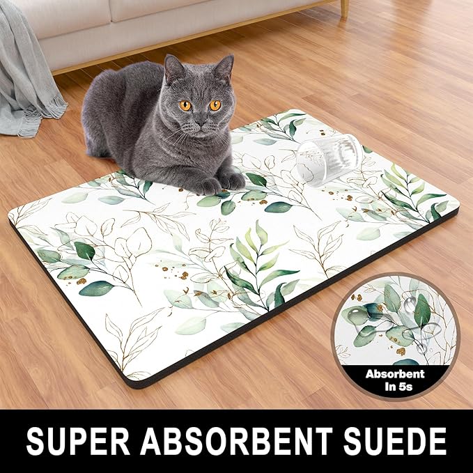 Dog Food Mat, 12" x 19" Minimalism Absorbent Dog Cat Bowl Mat for Food and Water, Cute Anti-Slip Rubber Pet Feeding Rug Protect Floors, Placemat for Feeding & Watering Supplies, Leaf