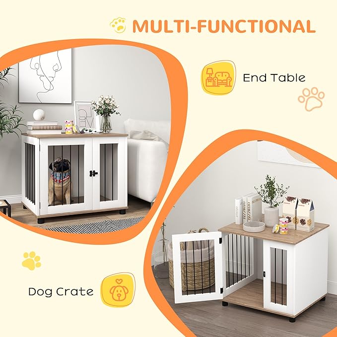 PawHut Dog Crate Furniture, Side Table Indoor Dog Kennel, End Table with Lockable Door for Small and Medium Dogs, Walnut Brown