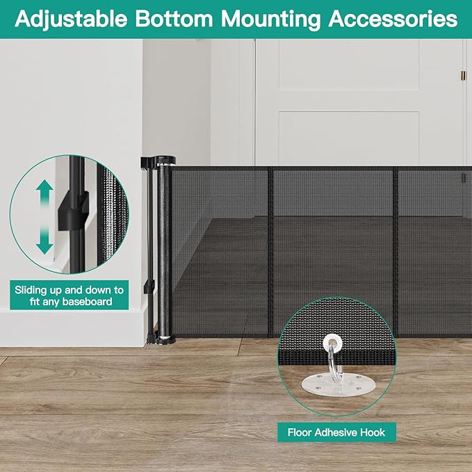 24 Inch Tall x 150 Inch Extra Wide Retractable Dog Gate for The House, Short Baby Gate to Step Over, Reinforced Mesh Puppy Gate for Doorways, Step Over Pet Gate for Stairs, Indoor/Outdoor, Black