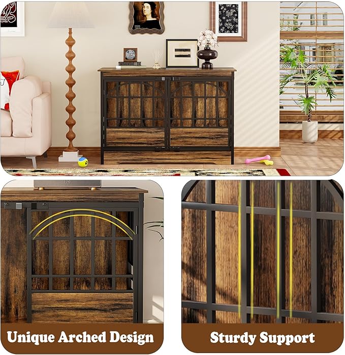 COZPAW 52 Inch Dog Crate Furniture, Extra Large Dog Kennel Indoor for XLarge Breed, Heavy Duty Dog Cage with Double Elegant Arched Doors, Decorate as TV Stand & End Table (Cognac Brown)