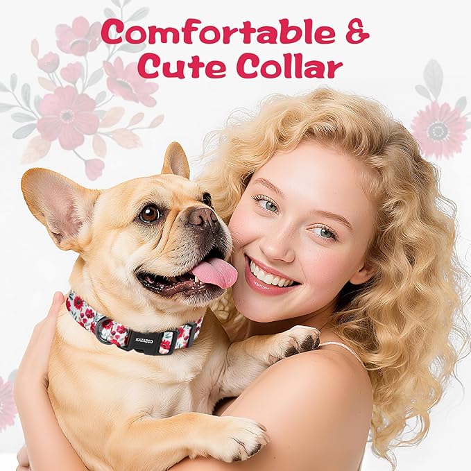 Kazazoo Dog Collar Cute and Soft Nylon Puppy Collar for Boy and Girl, Adjustable Dog Collars for Small Medium Dogs, Red Flowers-M