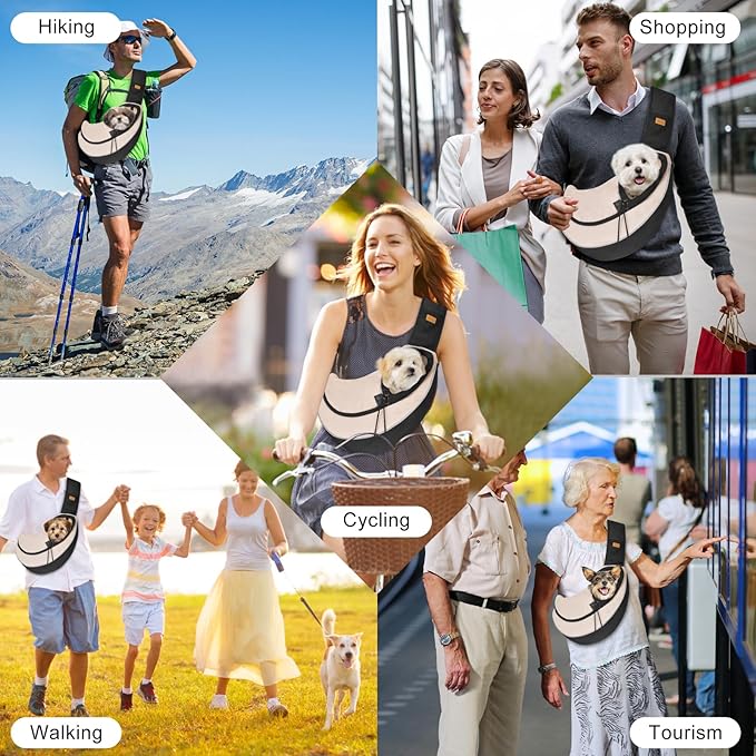 Cuby Pet Sling Carrier for Small Dogs Cats,Drawstring & Zipper Security Hook Triple Design for Pets' Securty Dog Bag,Breathable Travel Pet Puppy Sling Carrier with Adjustable Strap(Beige,M(5-9.5 lbs))