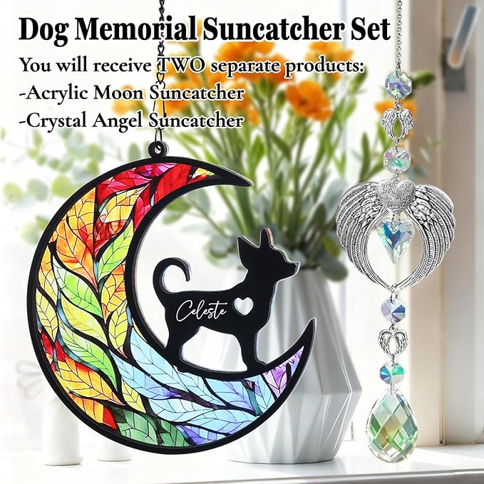 Dog Memorial Gifts - Dog Memorial Suncatcher Set with Acrylic & Crystal Suncatchers, Pet Loss Sympathy Gift (Heart)