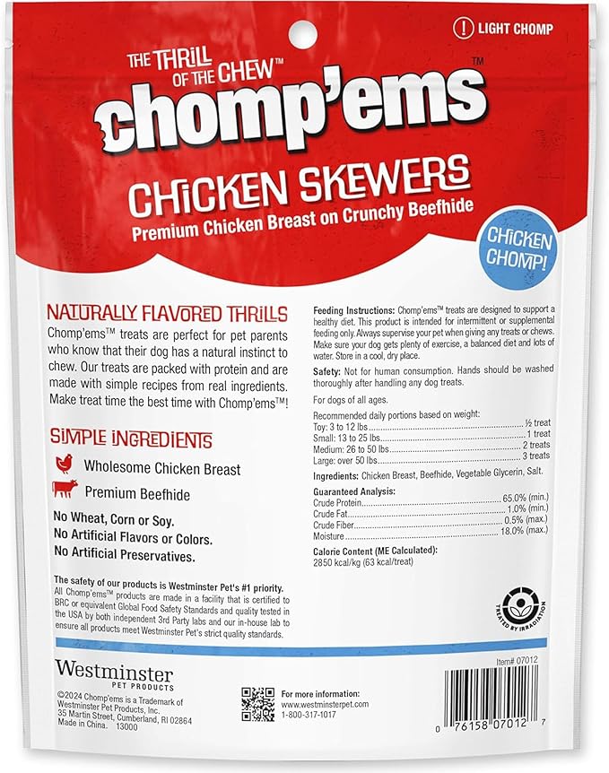 Chomp'ems Chicken Skewers, 8 oz - All Natural Rawhide Wrapped with Premium Chicken Breast - Healthy, Protein Rich Treats for Dogs - Dog Chews