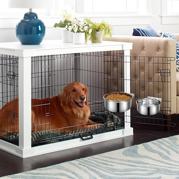 Crate Dog Bowls, Removable Stainless Steel Dog Bowl for Food and Water, Pet Kennel Hanging Food Water Feeder Station for Small/Medium/Large Pets, (7.1"x2.6" & 6.3"*2.4", Silver)