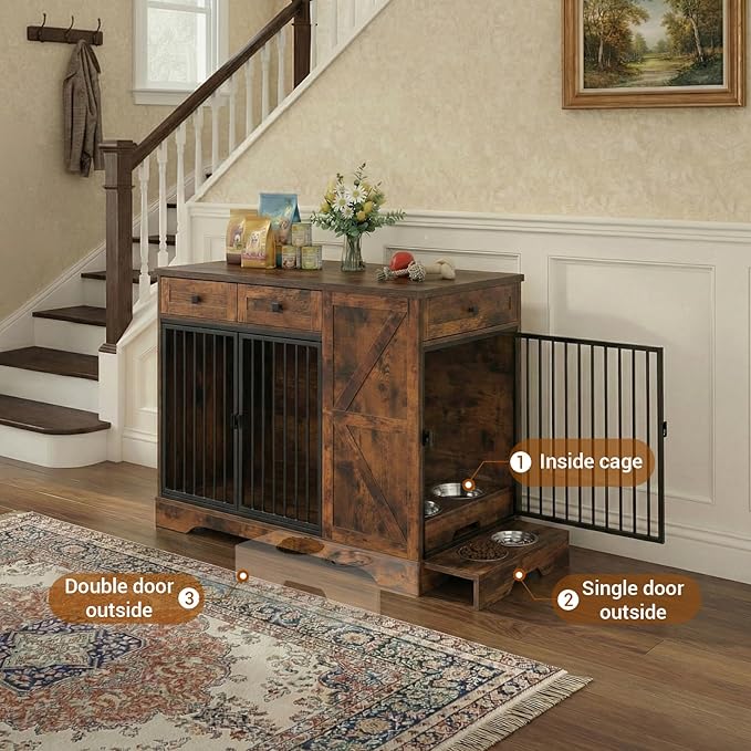 43.3" Dog Crate Furniture with Storage, Large Dog Kennel with 3 Drawers & 2 Feeding Bowls, Indoor Decorative Dog Cage for Large/Medium Dogs, Heavy Duty Dog House