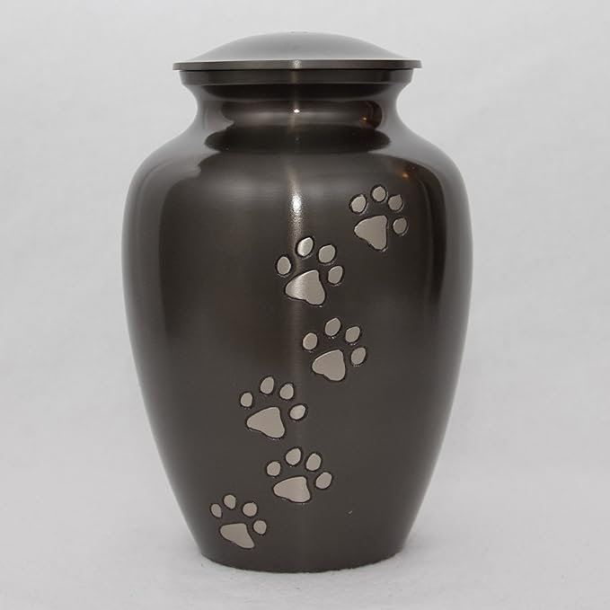 Ottillie Paws Legacy Series Pet Urn for Dogs, Handmade Aluminum Memorial Cremation Urn (Medium - Pets up to 65 lbs, Ebony, Vertical, Pewter Paws)