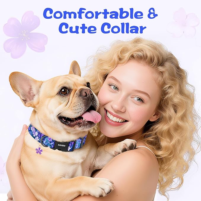 Kazazoo Dog Collar Cute and Soft Nylon Puppy Collar Girl, Adjustable Dog Collars for Small Medium Dogs, Purple Flowers-XS