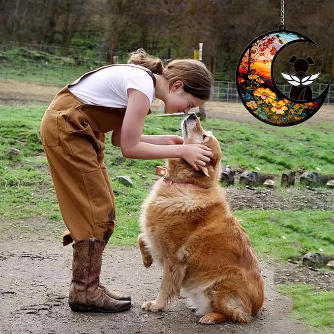 Dog Memorial Gifts for Loss of Dog Suncatcher, Black Angel Dog on Sunset Moon Dog Beverage Acrylic Ornaments Decor Window Wall Sympathy Gift for Dog Lover