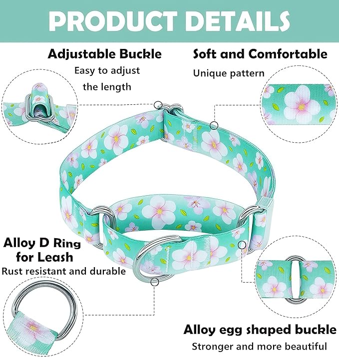 Martingale Dog Collar, Adjustable Soft No Pull Training Collar with No Buckle, Floral Pattern No Slip Martingale Collars for Large Dogs (1" Width L)