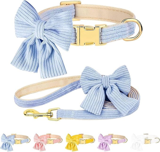 Dog Collar and Leash Set with Bowtie, Girl Dog Collars Metal Buckle Adjustable for Small Medium Dogs (Blue, M: Neck 13"-22" Leash 5 FT)