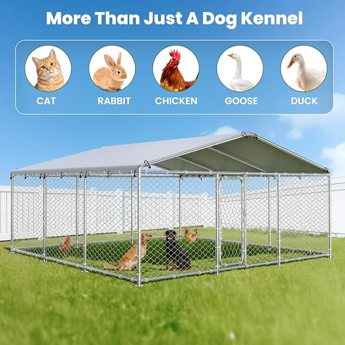 barlb15.3x15.3 FT Heavy Duty Outdoor Dog Kennel Outside with Waterproof Cover, UV-Resistant Roof, Secure Locking Mechanism for Large Dogs, Metal Enclosure for All Weather Conditions (183x183x83IN)