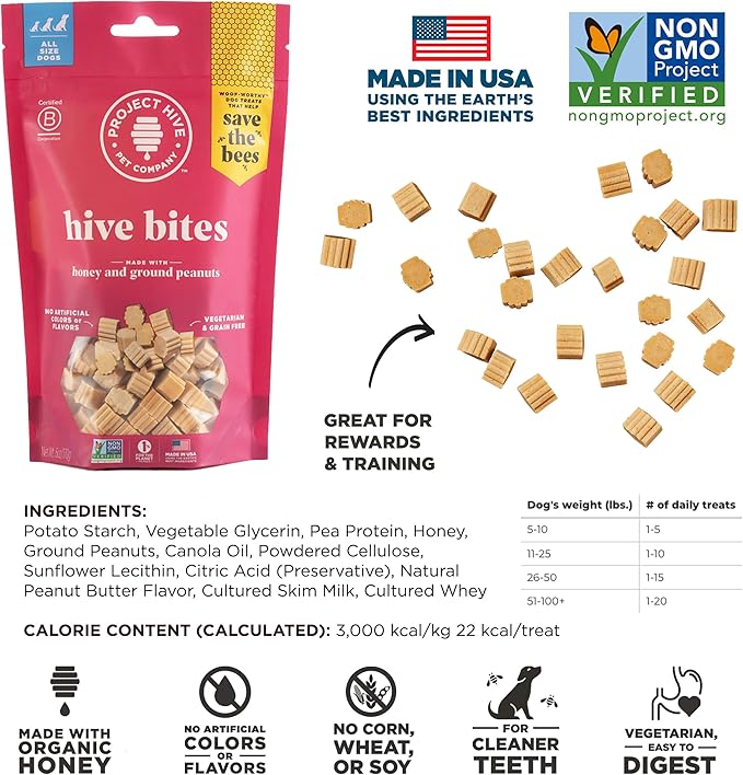 Hive Bites Training Treats for Dogs – Peanut Flavor – Small Reward Treats Made with Ground Peanuts & Honey – Vegetarian, No Grain or Soy – 6 oz