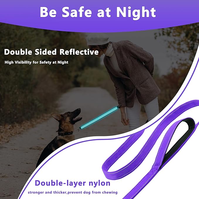 Dog Leash 5ft Long, Double Handle Dog Leash for Safety Control Training, Heavy Duty Dog Leads with Traffic Padded Handles, Reflective Leashes for Small Medium Large Dogs(5ft, Purple)