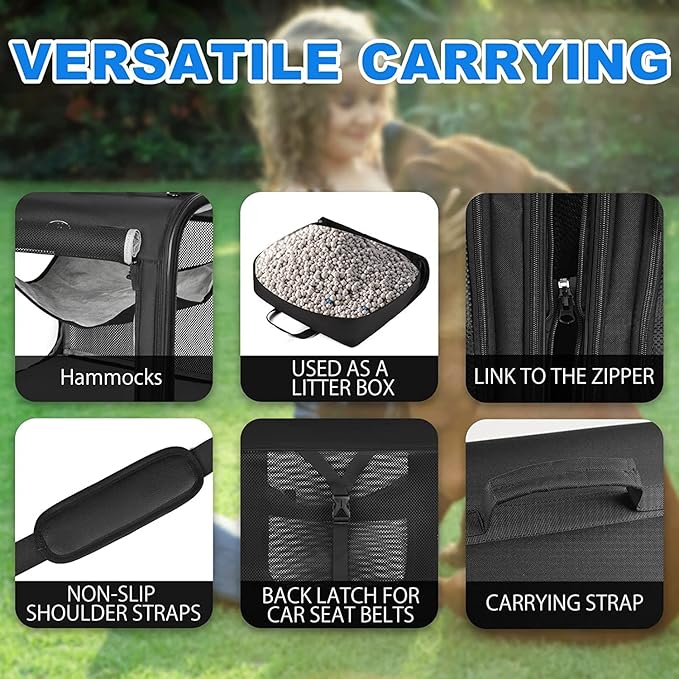 Large cat Carrier Soft-Sided Portable Pet 2 Cats Travel Double Dog Crate Set with Portable Carry Bag/Hammocks/Mats/Tent Stakes/2 Pcs Pet Bowls for Outdoor Camping
