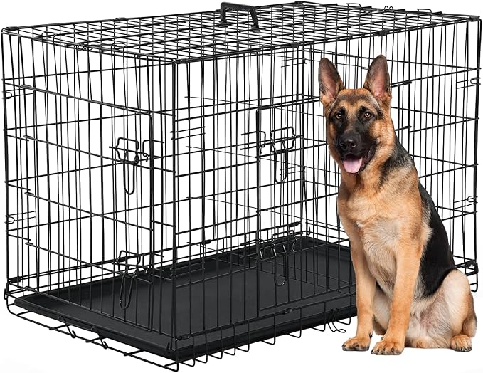 42/48 Inch Dog Crate Extra Large Double-Door Dog Kennel with Plastic Tray & Divider, Indoor Outdoor Folding XL XXL Dog Cage Pet House