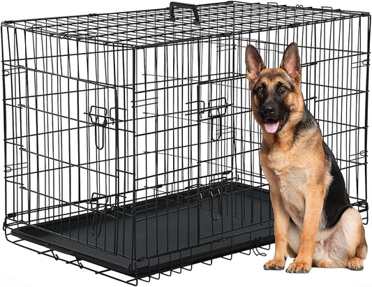 42/48 Inch Dog Crate Extra Large Double-Door Dog Kennel with Plastic Tray & Divider, Indoor Outdoor Folding XL XXL Dog Cage Pet House