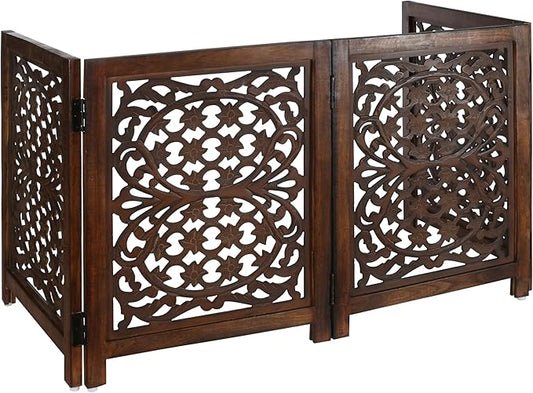 Lightnpro Foldable Carved Wooden Dog Gate with Stopper - Freestanding Indoor Pet Barrier for Home, Adjustable Dog Fence for Stairs, Doorways & Hallways - 24x18 Inch (4 Panels) Natural Burnt