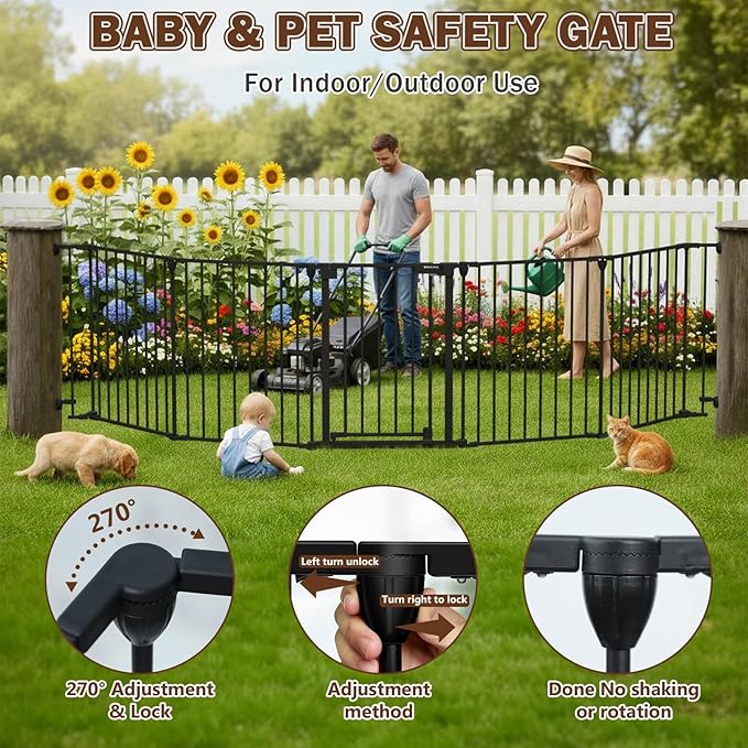 Mumeasy 126" Extra Wide Baby Gate for Doorways, Stairs & Fireplace, Auto Close Safety Dog & Pet Gate with Walk Thru Door, Childproof Fence for Hallway Kitchen House Indoor Outdoor,5 Metal Panels,Black
