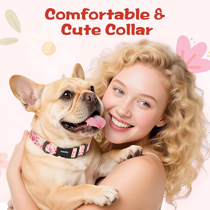 Kazazoo Dog Collar Cute and Soft Nylon Puppy Collar Girl, Adjustable Dog Collars for Medium Large Dogs, Pink Flowers-L