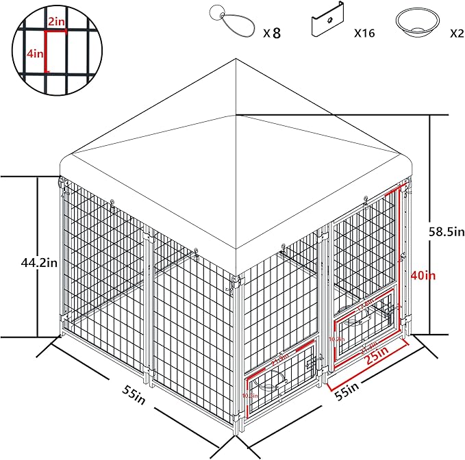 MUPATER Dog Kennel Outdoor Indoor with Roof and Rotating Feeding Doors, Large Metal Dog Pen Enclosure House Heavy Duty with Canopy, Door, 2 Bowl Holders and Bowls, 4.5'L x 4.5'W x 4.8'H