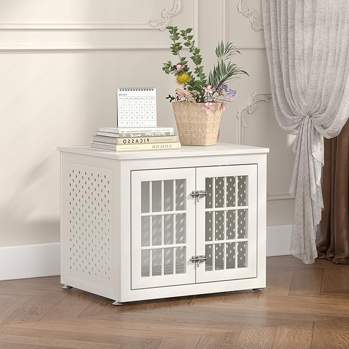 26" Heavy Duty Dog Crate Furniture for Small Dogs, Metal Kennel for High Anxiety Dogs, Chew Proof Pet Cage Indoor, Decorative Kennel End Table, White