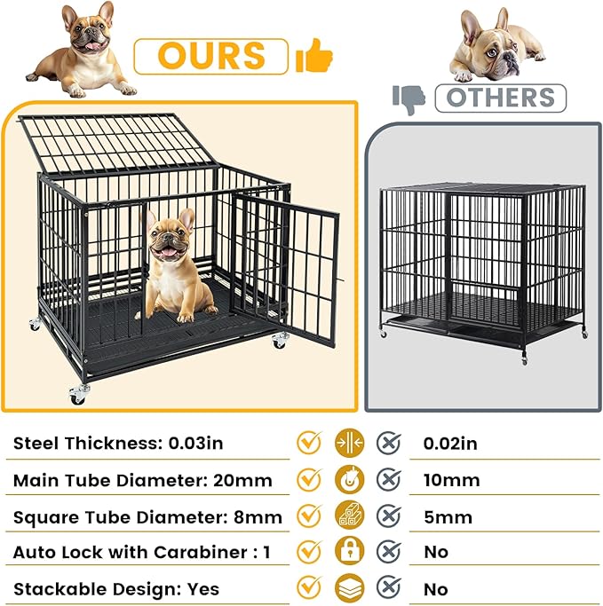 Stackable 36 Inch Dog Crate with Lockable Wheels, Top Access, Heavy Duty Indestructible Escape Proof Dog Crate Cage Kennel Indoor with Removable Tray & Metal Grids for High Anxiety Medium/Small Dogs