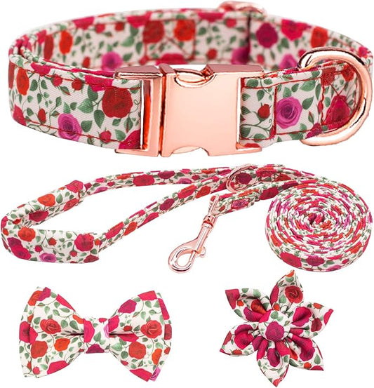 Dog Collar and Leash Set Girls Adjustable Puppy Collars with Floral Bow Tie for Small Medium Large Female Dogs, Red Rose, S