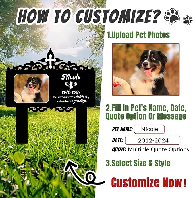 Custom Pet Grave Markers Dog Outdoor, Personalized Pet Grave Marker with Name and Date, Weatherproof Dog Headstone for Graves Outdoor Garden Yard, Pet Tombstones Sympathy Gift for Pet Loss
