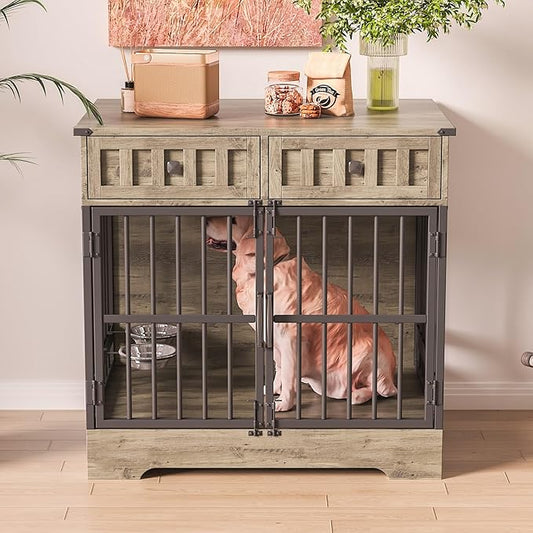 Dog Crate Furniture with 2 Drawers, 35.1" Indoor Wooden Animal Kennel with Detachable & Adjustable Feeder 2 Bowls, Large Medium Small Dog Cage End Table (Brown Gray Alternation)