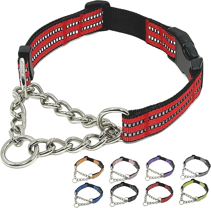 Martingale Dog Collars, Reflective Nylon Collar with Stainless Steel Chain, Adjustable Walking Training Dog Collars with Quick Release Buckle, Suitable for Small Medium Large Dogs(Red,XL)