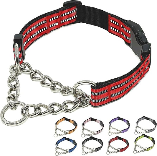Martingale Dog Collars, Reflective Nylon Collar with Stainless Steel Chain, Adjustable Walking Training Dog Collars with Quick Release Buckle, Suitable for Small Medium Large Dogs(Red,M)