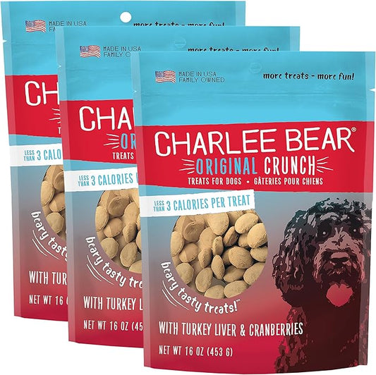 Charlee Bear Original Crunch Dog Training Treats, Turkey Liver & Cranberries, 3 Calories Each, Low Calorie Natural Rewards for Puppies to Adult Dogs, Made in USA, 16 oz (3-Pack)