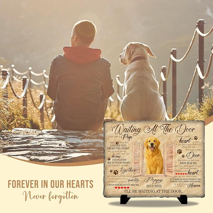 Pet Loss Memorial Stone Gift | Waiting at The Door Grave Marker for Dogs or Cats | Personalized Photo Remembrance Gift for Pet Owners | Animal Memorial Stones Dog